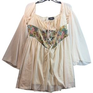 Cider Mini Dress Women XL Cream Floral Tapestry Fairy Corset Renaissance Peasant